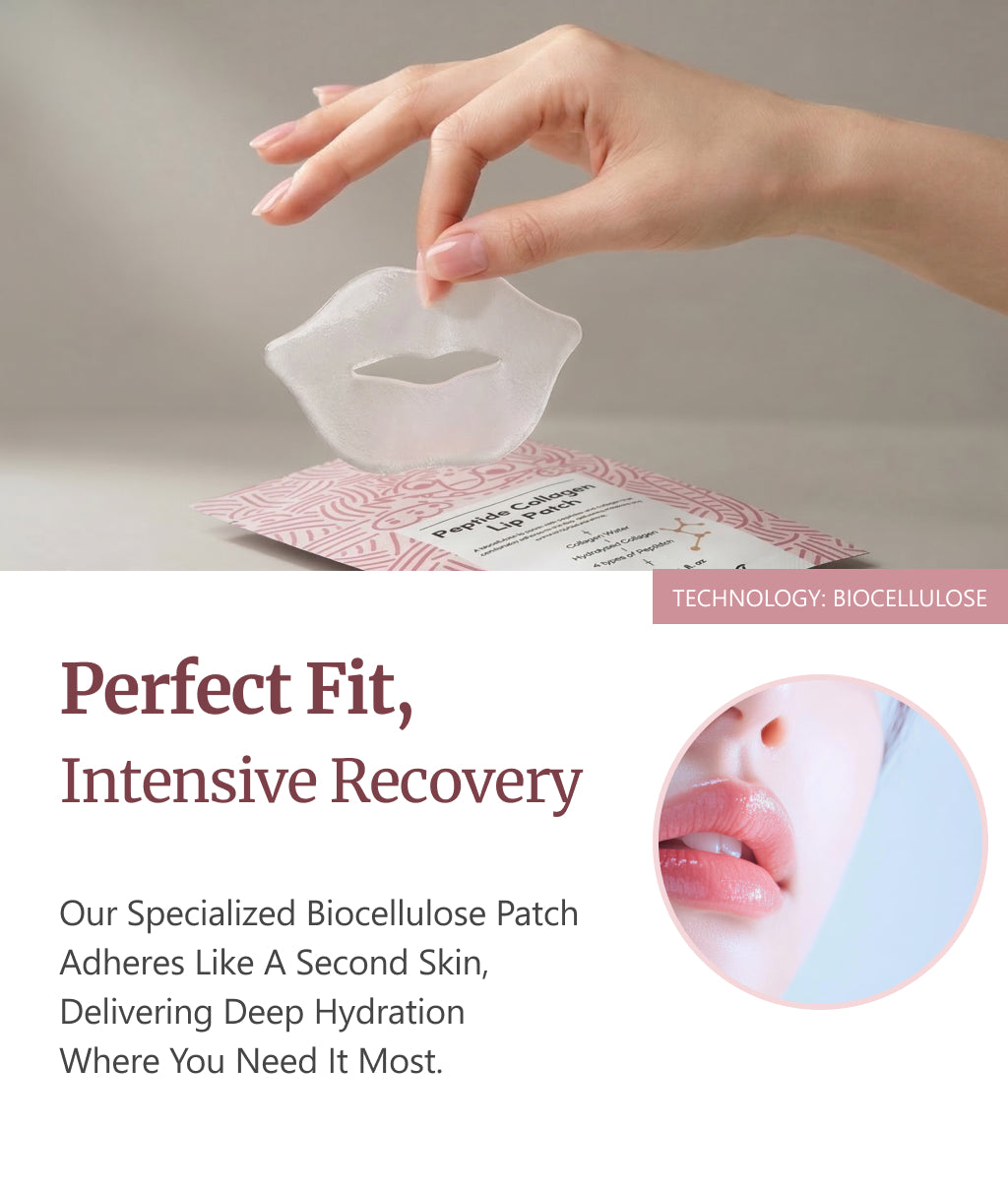 Peptide collagen lip patch information for THE KLARA Glow Starter Set | THE KLARA Glass Skin Kit | collagen face mask set | Peptide Collagen Lip Patch 5 Sheets  Package